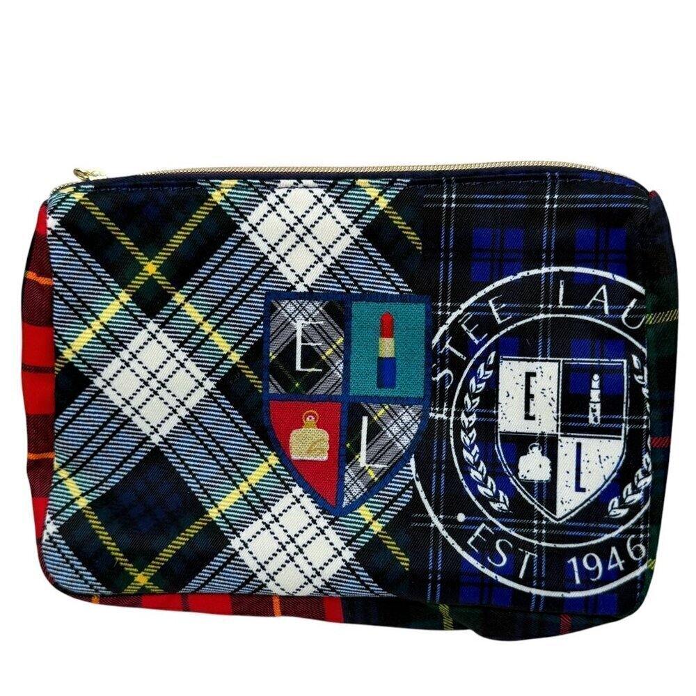 ESTEE LAUDER Preppy Plaid Cosmetic Bag Fabric Zip Pouch NWOT